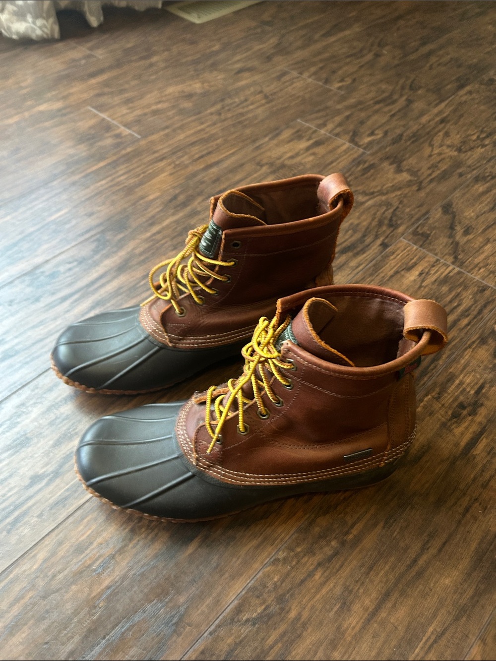 G.H. Bass & Co. Brown Leather Duck Boots with Black Rubber Toe and Yellow Laces
